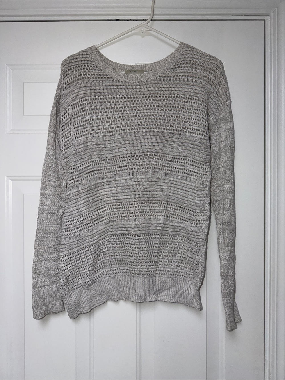 LOFT Light Gray Open-Weave Crewneck Sweater